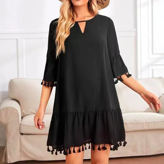 Trim Flounce Sleeve Ruffle Hem Dress