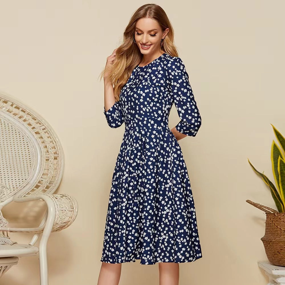 Starry White Flower Dark Blue  Midi Dress