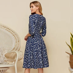 Starry White Flower Dark Blue  Midi Dress