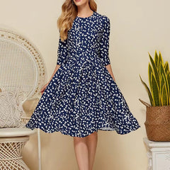 Starry White Flower Dark Blue  Midi Dress