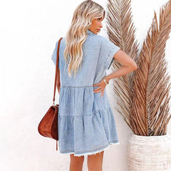 Buttoned Frayed Pocket Short Sleeve Denim Dress