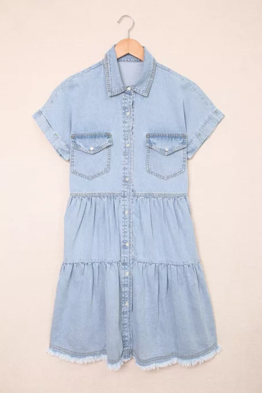 Buttoned Frayed Pocket Short Sleeve Denim Dress