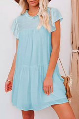 Sky Blue Frilled Neck Ruffle Swing Mini Dress with Pockets