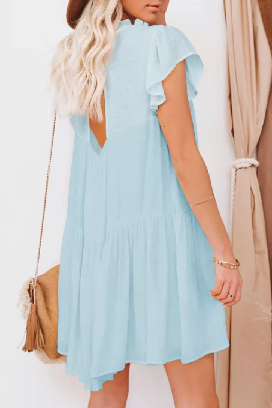 Sky Blue Frilled Neck Ruffle Swing Mini Dress with Pockets