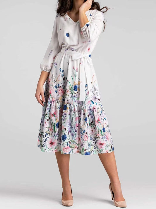 Elegant Long Sleeve Printed Midi Dress