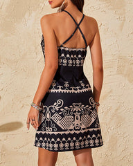 Vintage Tribal Print Hollow Out Sleeveless Mini Dress