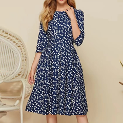 Starry White Flower Dark Blue  Midi Dress