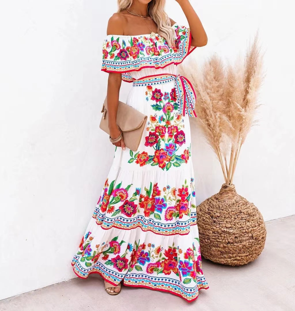 Elegant Off the Shoulder Print Maxi Dresses