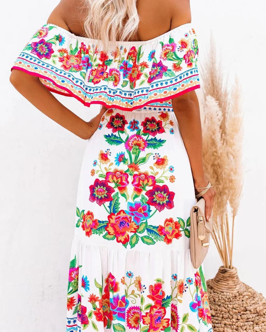 Elegant Off the Shoulder Print Maxi Dresses