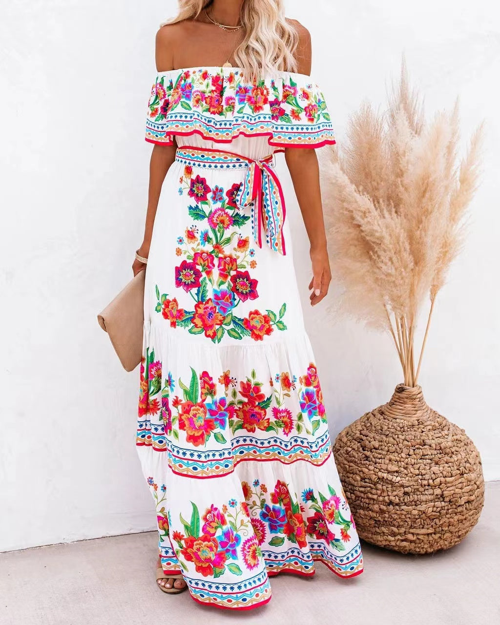 Elegant Off the Shoulder Print Maxi Dresses
