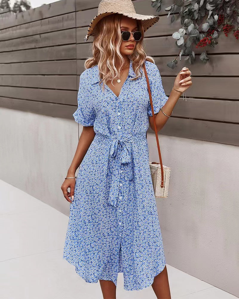 Ditsy Floral Tie Front Button Through Dress