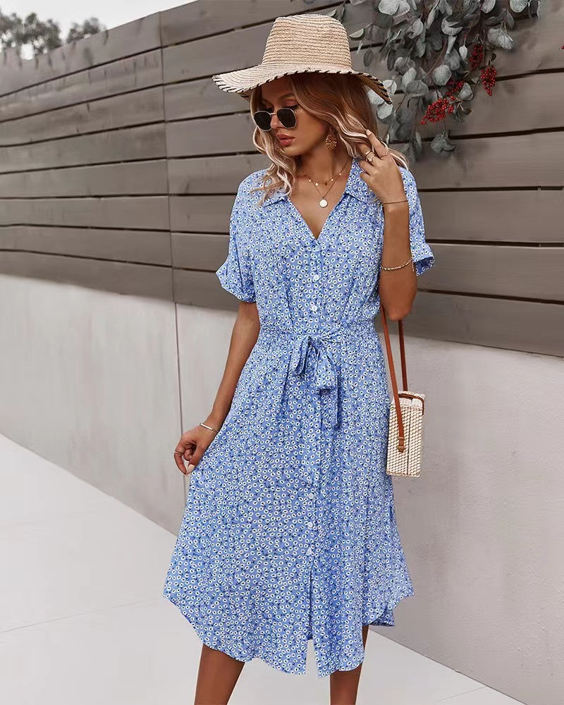 Ditsy Floral Tie Front Button Through Dress