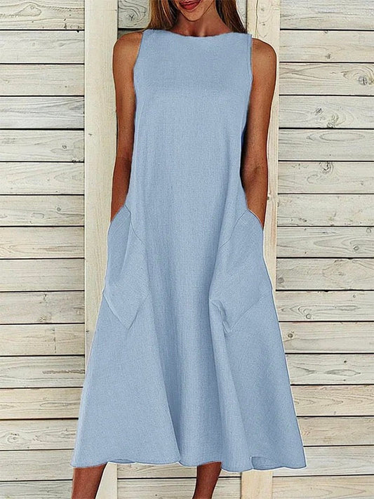 Solid Sleeveless Crew Neck Dresses