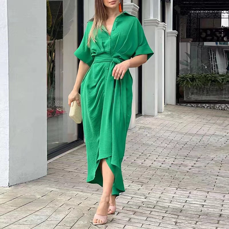 Casual Waist Tie-up Pleated Shirts Dress