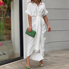 Casual Waist Tie-up Pleated Shirts Dress