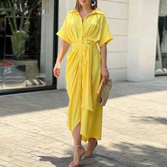 Casual Waist Tie-up Pleated Shirts Dress