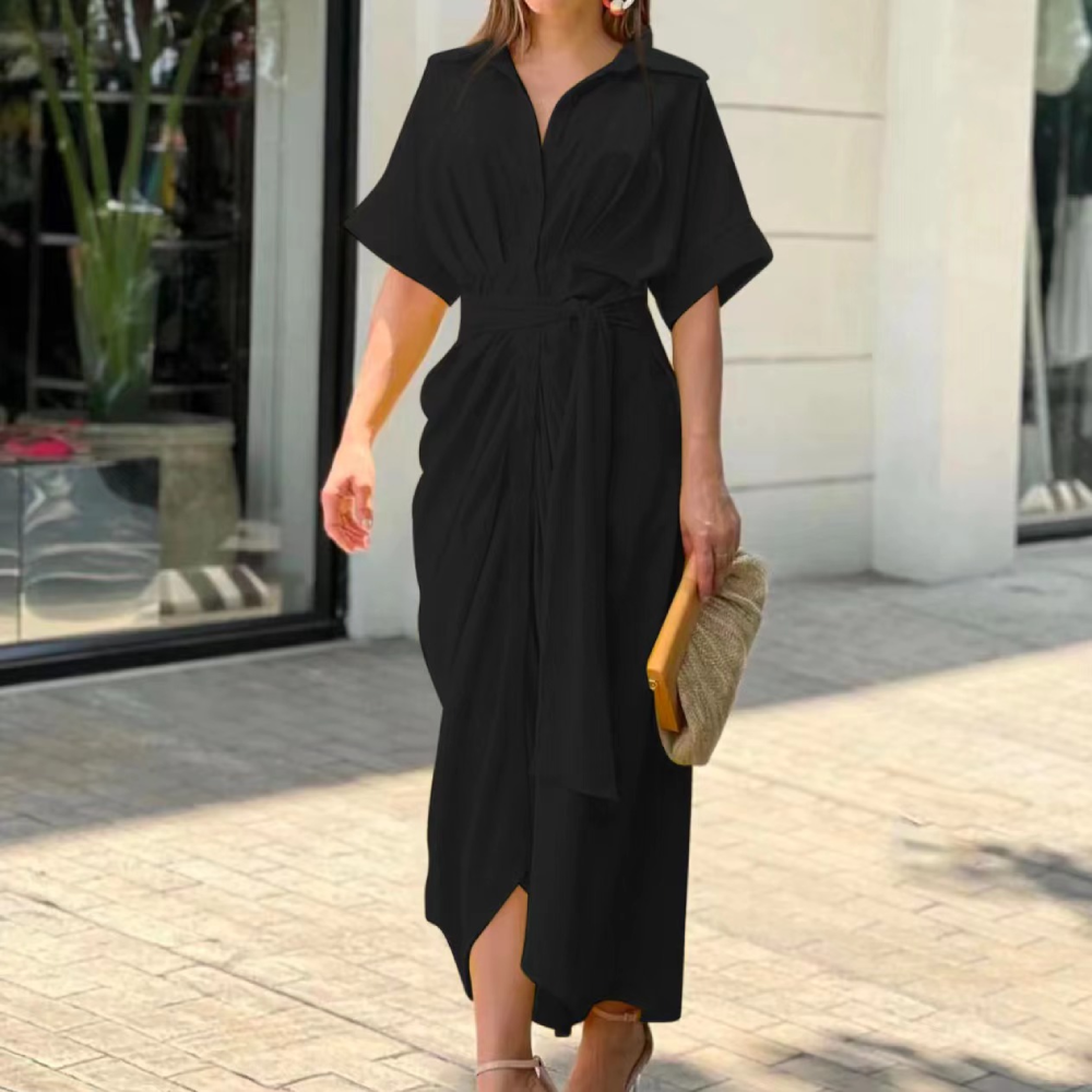 Casual Waist Tie-up Pleated Shirts Dress