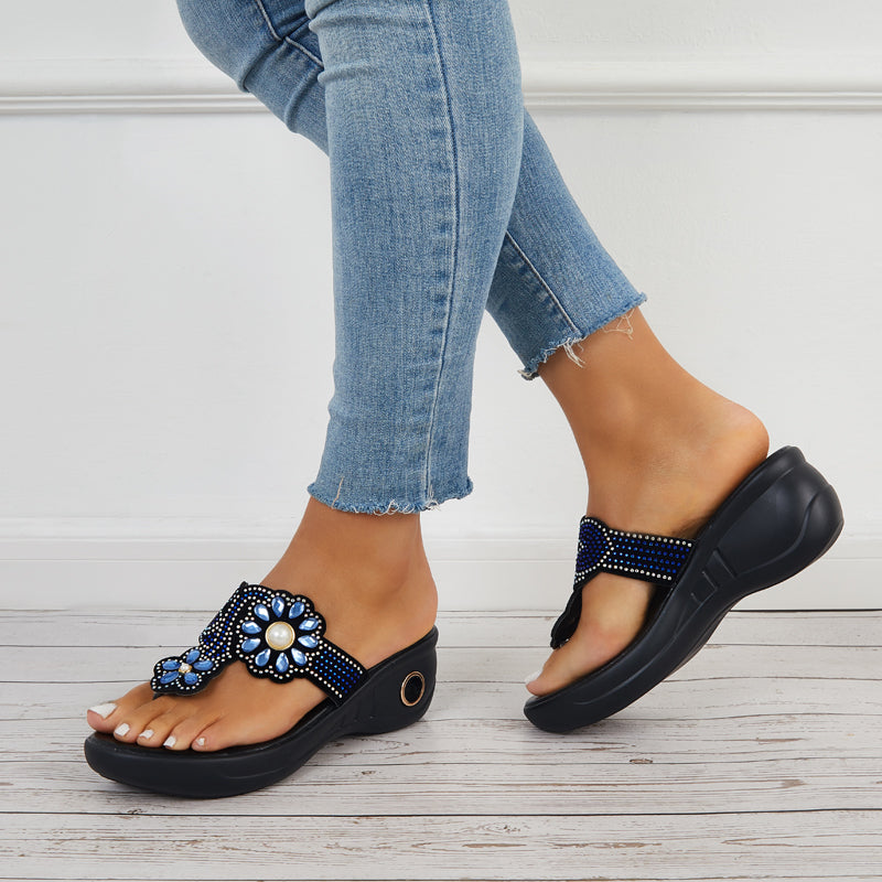 Rhinestone Flip Flop Platform Wedge Slippers Slide Sandals