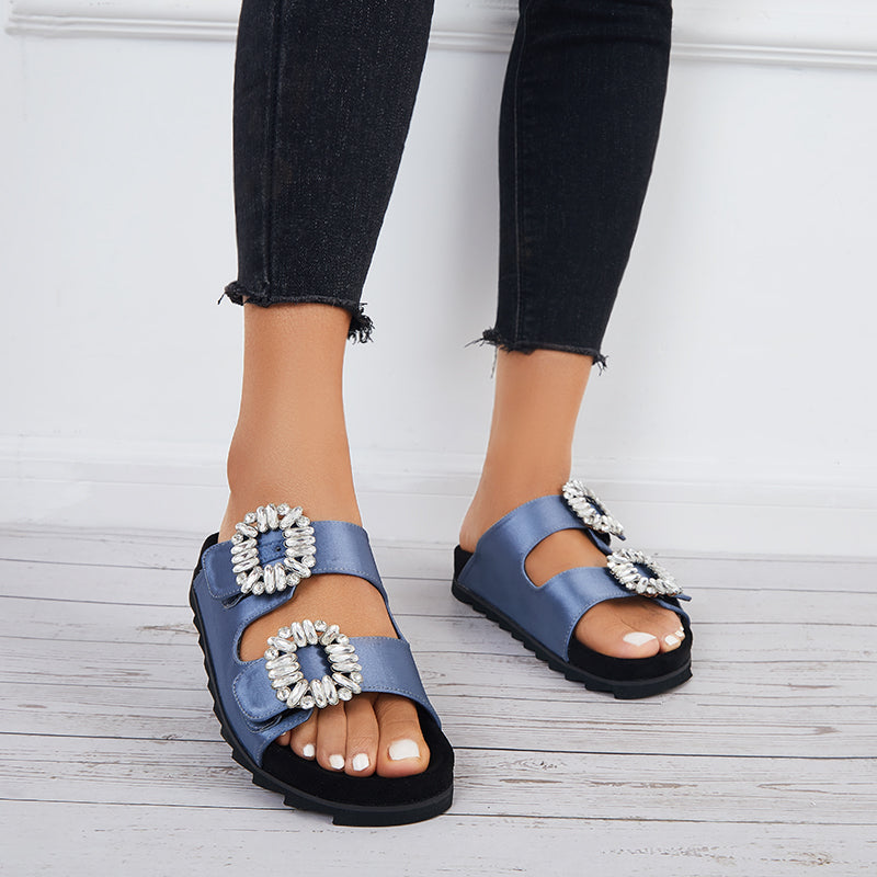 Rhinestone Velcro Platform Slides Slip on Flat Sandals Slippers