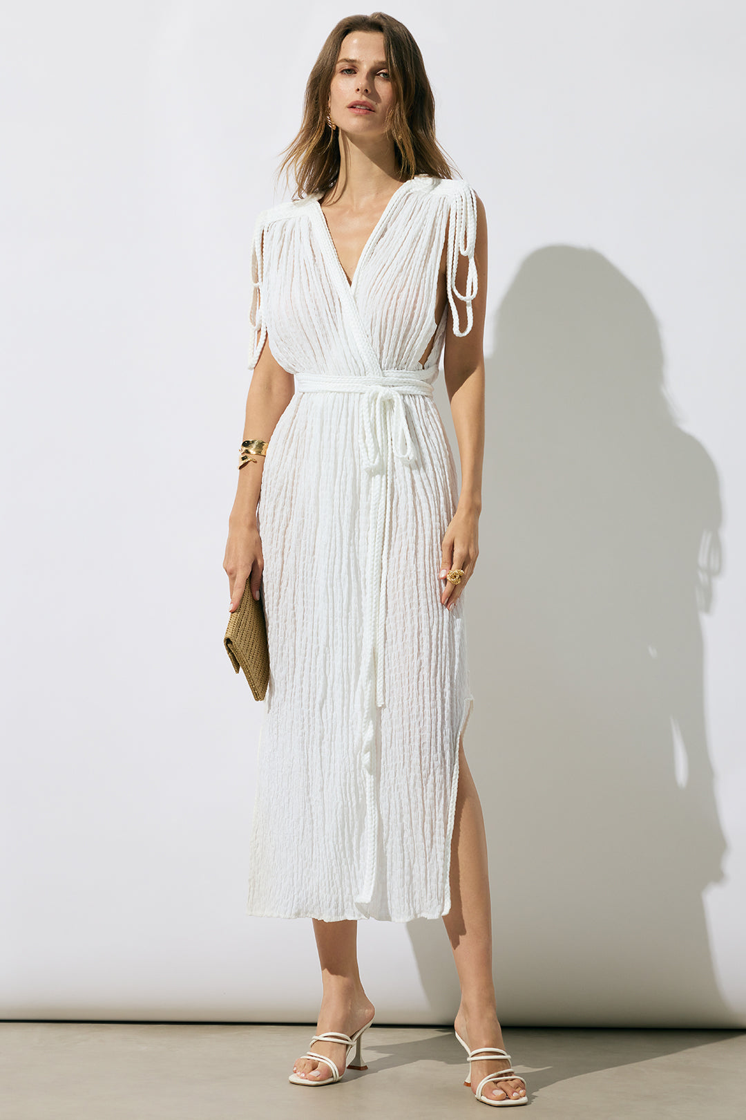Twist Knot V-Neck Fringe Sleeveless Midi Dress