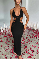 Effortlessly Cool and Sexy Knit Crochet Cutout Halter Tie-up Stretch Maxi Dress