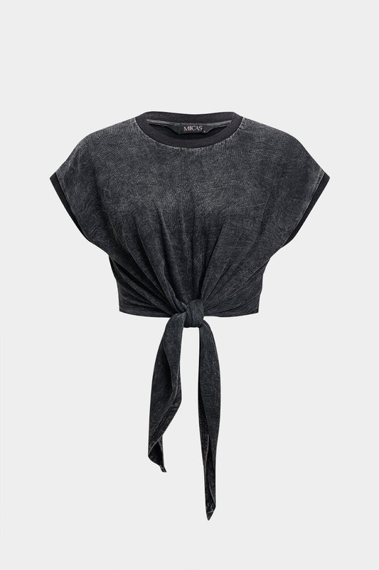 Tie Front Round Neck Short Sleeve T-Shirt