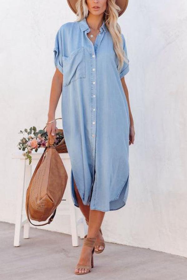 Fashion Solid Color Denim Short Sleeve Long Slit Shirt Dress