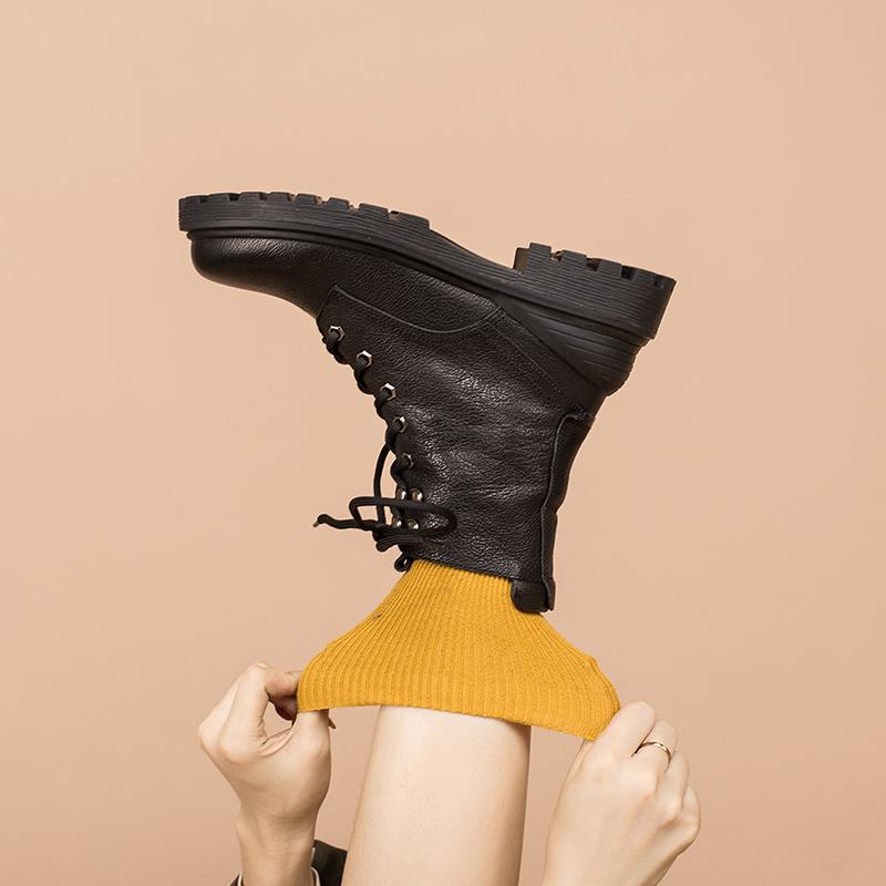 Leather Boots Designer Retro Chunky Riding Boots Handmade Black/Yellow