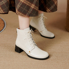 Block Heel Boots Back Zip Cowhide Leather Ankle Boots Soft Walking Short Boots White/Black