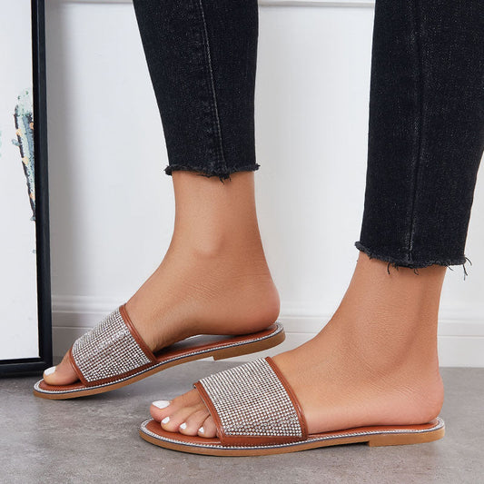Rhinestone Slip on Flat Slide Sandals Glitter Open Toe Casual Slippers