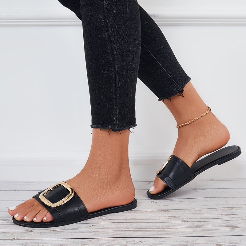 Buckle Flat Slide Sandals Square Toe Beach Slippers