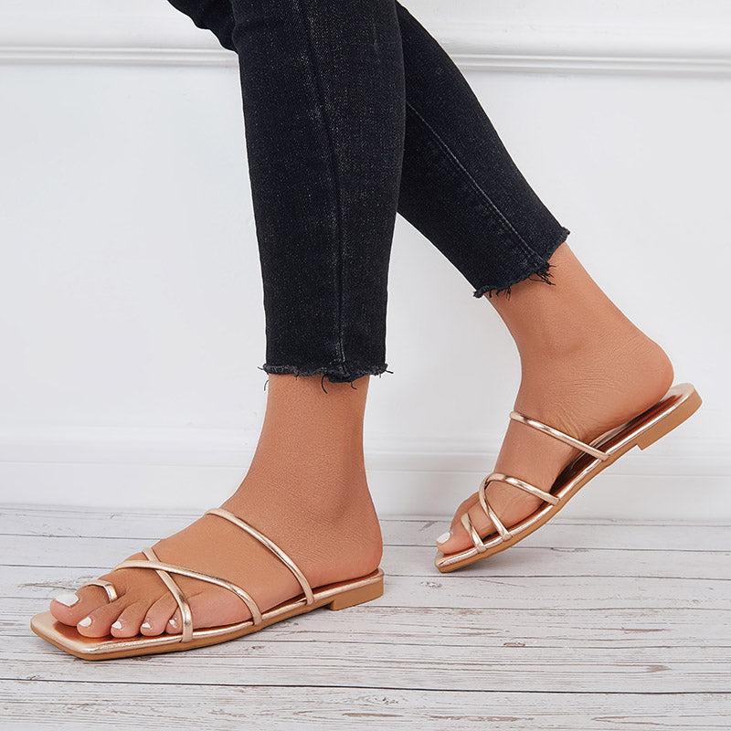 Square Open Toe Loop Slide Sandals Flat Beach Slippers