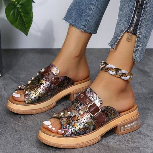 Fish Mouth Toe Colorblock Snakeskin Rivets Slippers