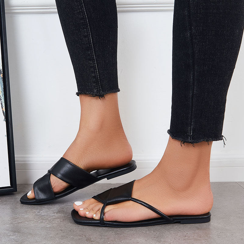 Criss Cross Slide Sandals Casual Square Toe Flat Slippers