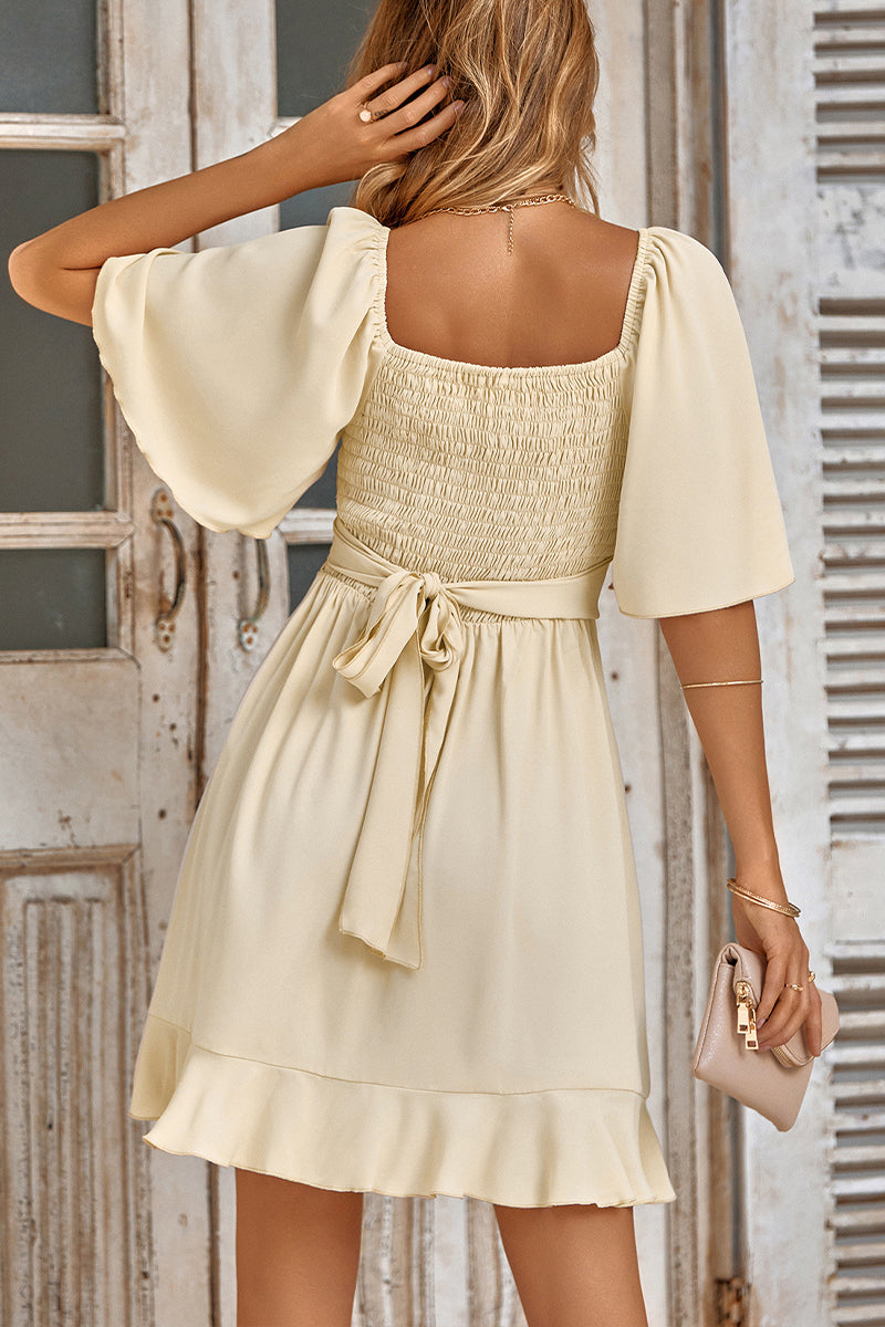 V-neck Solid Color Ruffled Dress