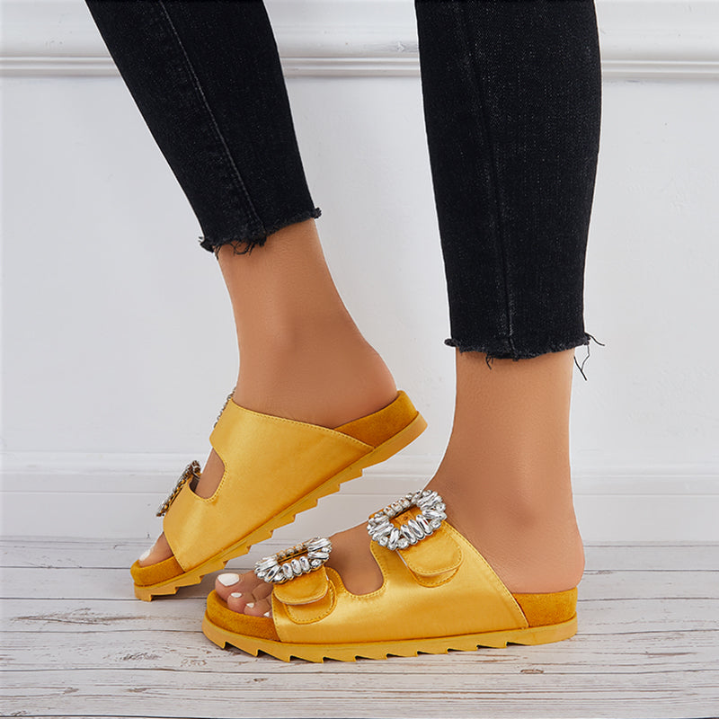 Rhinestone Velcro Platform Slides Slip on Flat Sandals Slippers