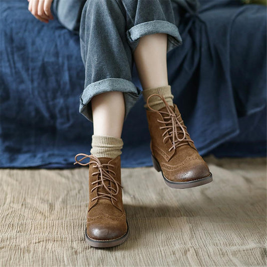 Handmade Brogue Leather Boots Women Midheel Ankle Boots With Lace Brown/Khaki