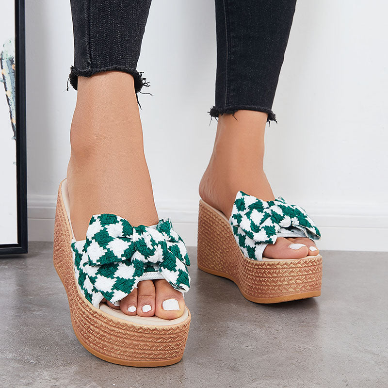 Bowknot Platform Wedge Slide Sandals Plaid Open Toe Slippers