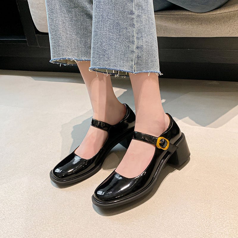 Reta Square Toe Block Heels Mary Jane Shoes