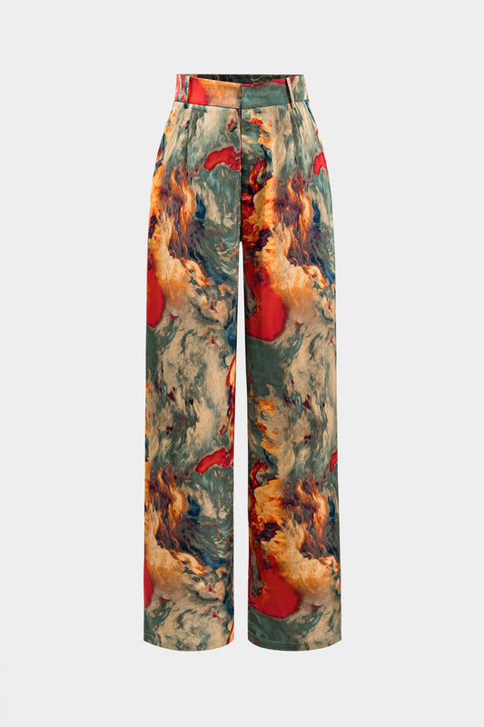 Watercolor Print Satin Fake Pocket Trousers