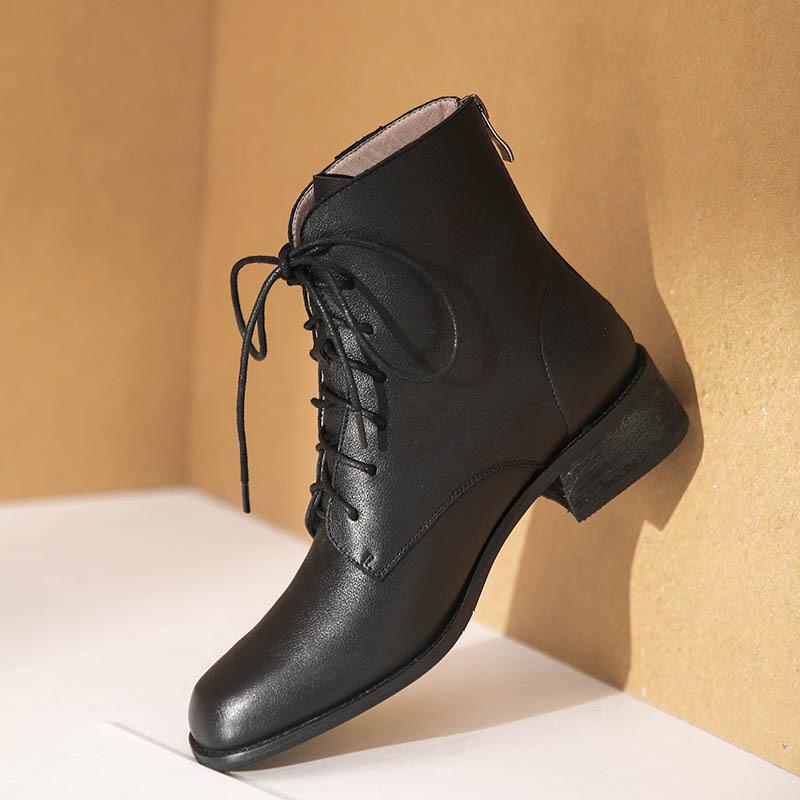 Handmade Fashion Boots Women Genuine Leather Lace-Up Oxfords Round Toe Chunky Ankle Booties Back Zipper Black/Brown