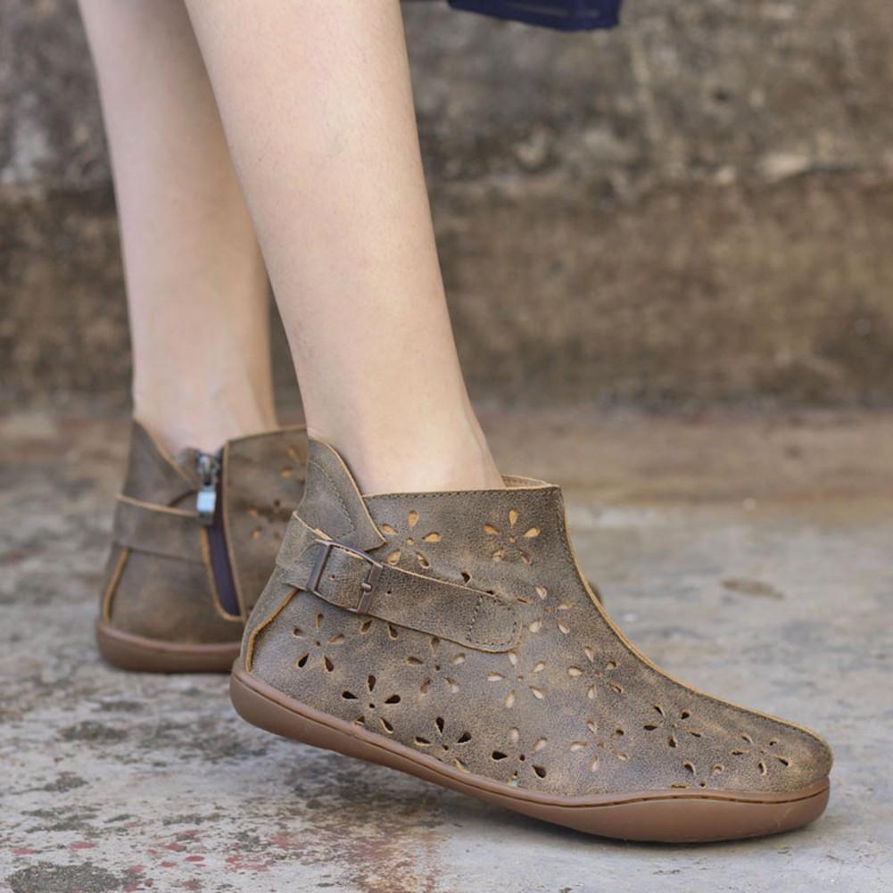 Women Ankle Boots Leather Handmade Hollow Mori Girl Shoes Flats Grey