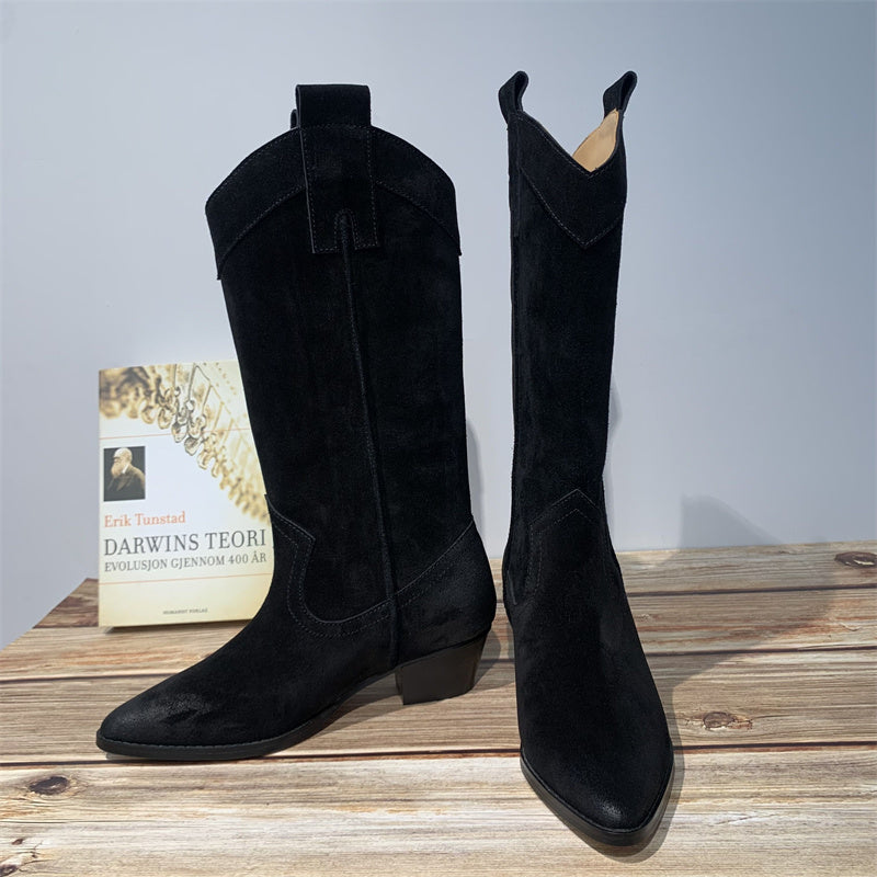 Western Boots for Womens Mid Calf suede knee boots- Black/Khaki
