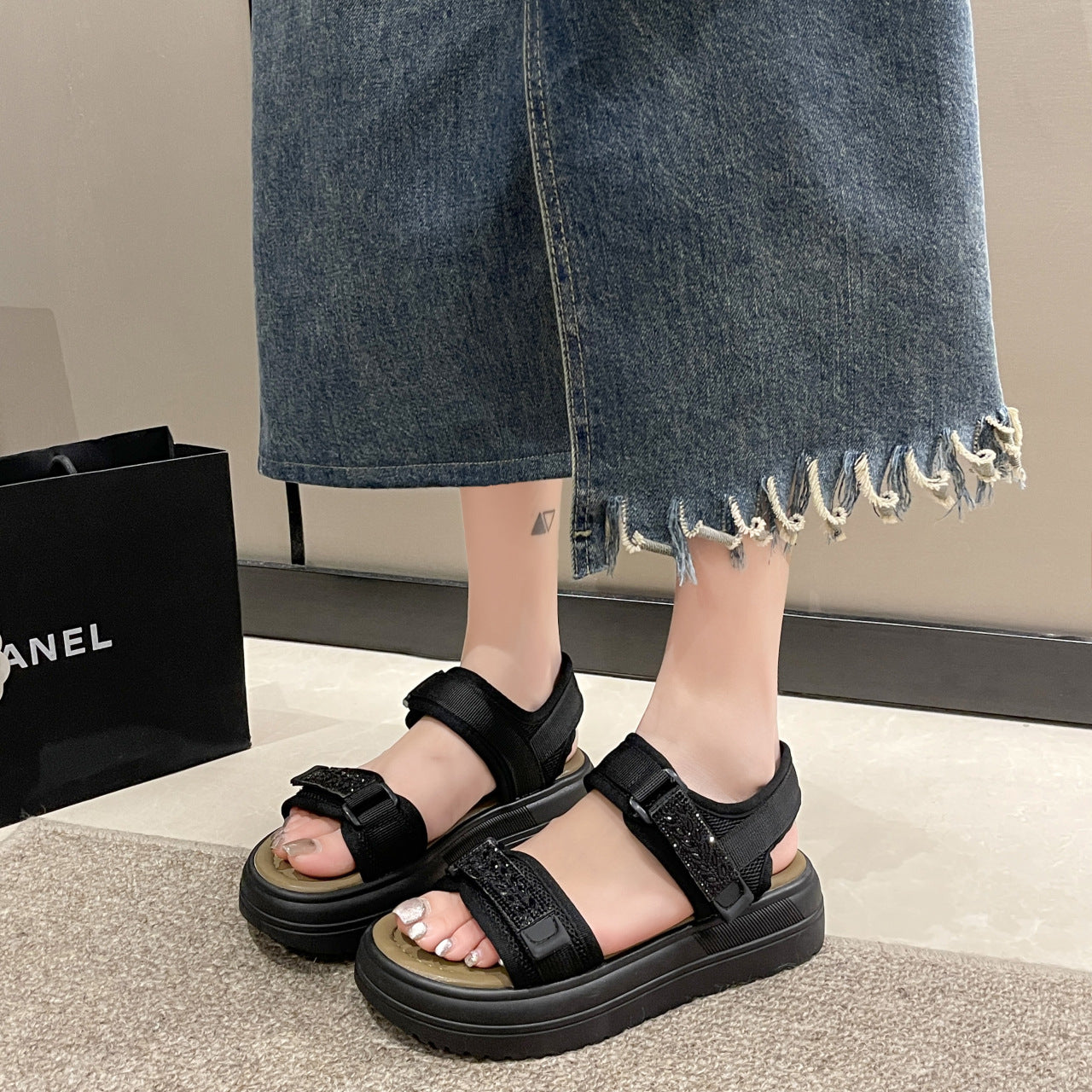 Women's Summer Velcro Rhinestone Platform Muffin Beach Sandals