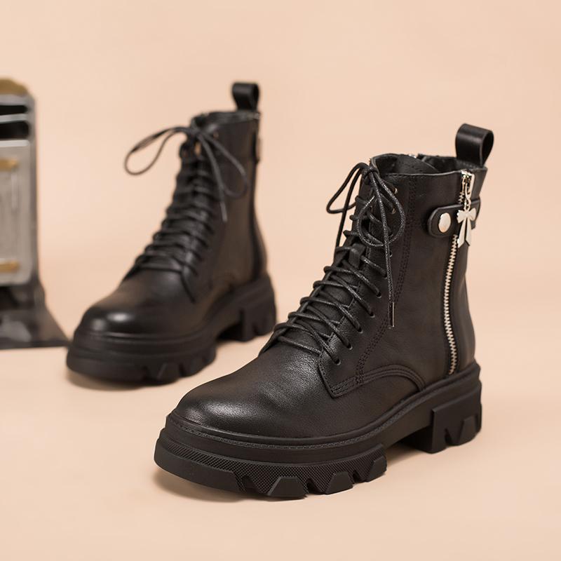 Fashion Cowhide Combat Boots Designer Retro Chunky Riding Boots Side Zip Black Matte / Black Smooth / Black Litchi