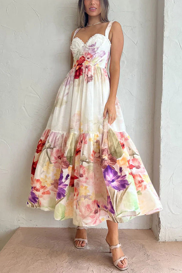 Romantic Date Floral Ruffle Detail Pocketed Corset Maxi Formal / Vacation Dress