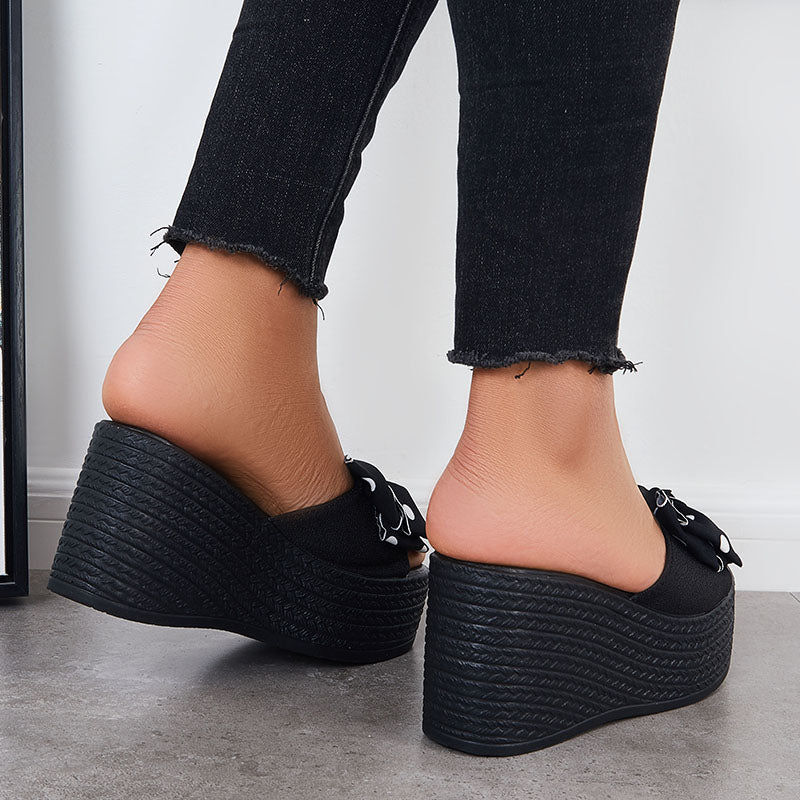 Black Bowknot Platform Wedges Slide Sandals Slip on Beach Slippers