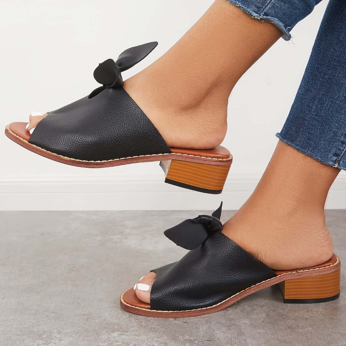 Womens Fashion Peep Toe Low Heel Bow Slippers