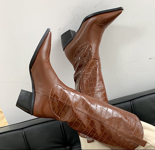 Western R Toe Boots Cowboy Boots Roper Cowgirl Boots Handmade Genuine Leather in Black/Brown - HIGH WESTERN BOOTS