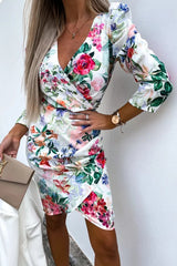 Sunshine and Roses Floral Puff Shoulder Wrap Mini Dress